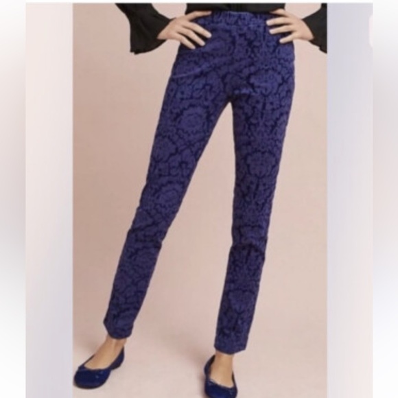 Anthropologie Women's Essential Skinny Pants blue floral velvet brocade pattern - Picture 1 of 11